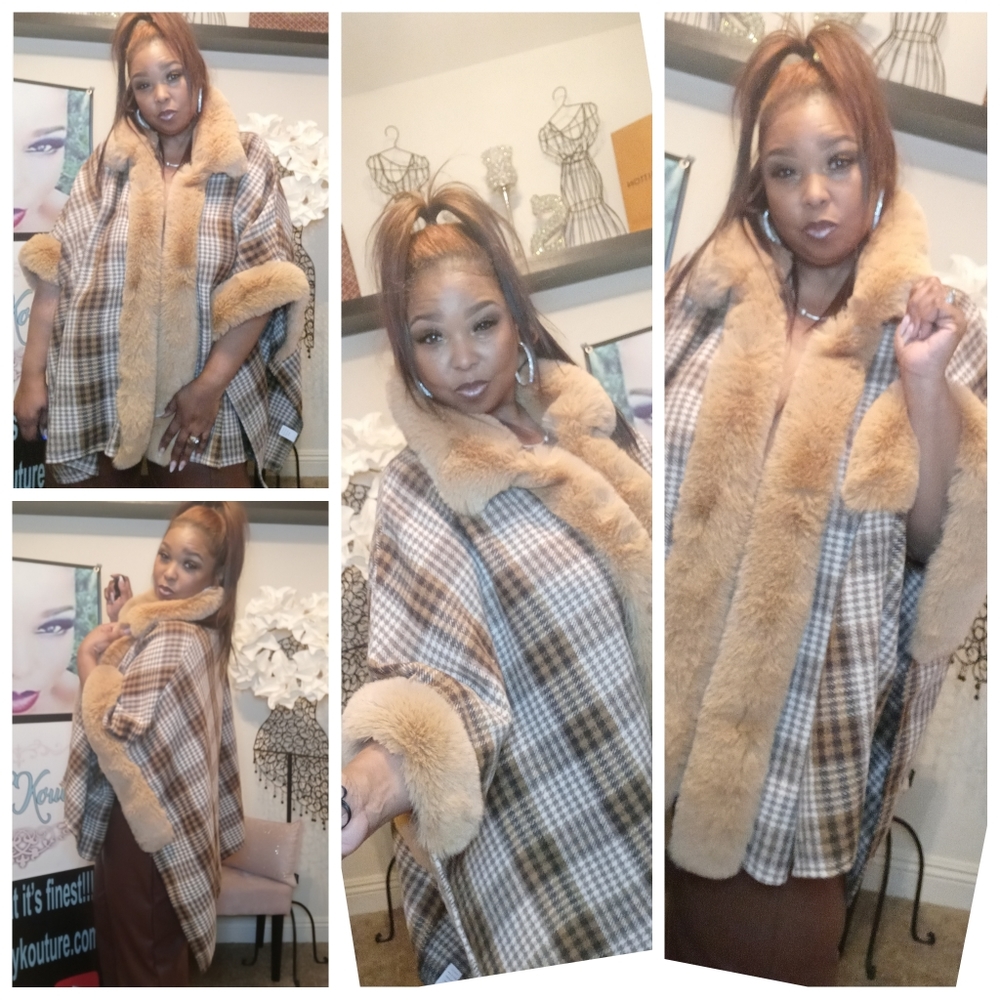 Faux Fur Plaid Cape